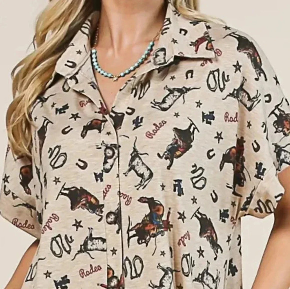 New! Cowboy Rodeo Western Print Button Down Short Sleeve Dress - Picture 2 of 5
